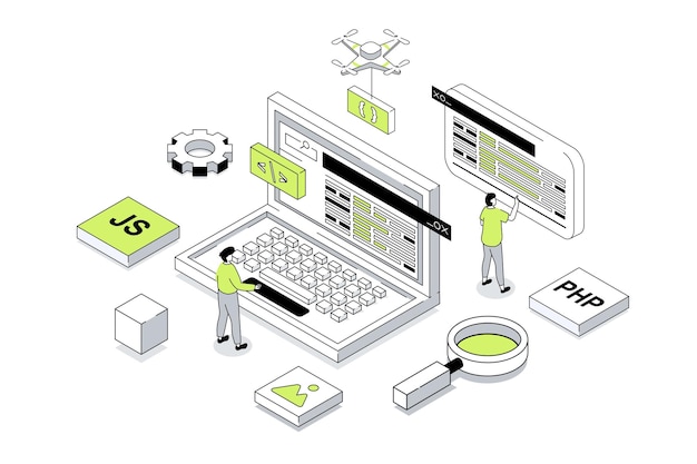 Website creating concept in 3d isometric design Developers prototyping and coding designing page layout and homepage user interface Vector illustration with isometry people scene for web graphic