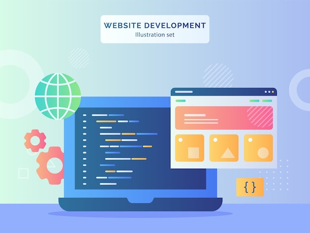 Website development illustration set wire frame language program coding on display monitor laptop background of gear globe with flat style design.