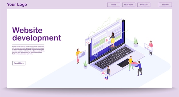 Website development webpage template with isometric illustration