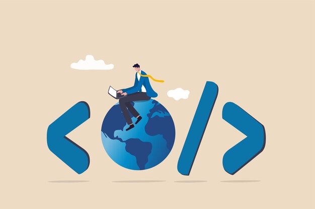 Website development, www application coding, technology create online cyberspace software connect through the internet concept, software engineer coding on laptop sitting on globe with coding symbol.