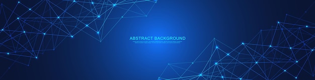 Website header or banner design with abstract geometric background and connecting dots and lines. Global network connection. Digital technology with plexus background and space for your text.