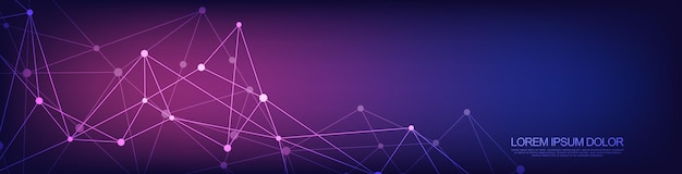 Website header or banner design with abstract geometric background and connecting dots and lines. Global network connection. Digital technology with plexus background and space for your text.