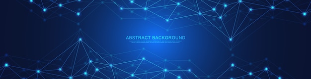 Website header or banner design with abstract geometric background and connecting dots and lines. Global network connection. Digital technology with plexus background and space for your text.