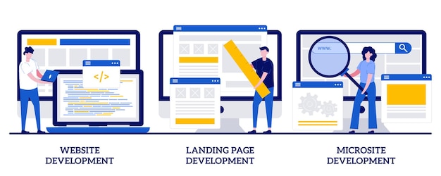 Website, landing page and microsite development concept with tiny people. Webpage programming abstract vector illustration set. Front and back end, design template, menu bar, user experience metaphor.