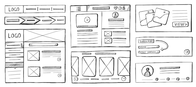 Website sketch Hand drawn wireframe UI UX nuttins mockup of web page layout UI elements and buttons UX wireframed design prototype Vector isolated set