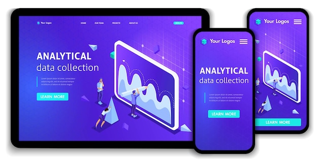 Website Template Landing page Isometric concept analytical data collection, Teamwork. Easy to edit and customize, Responsive ui ux.