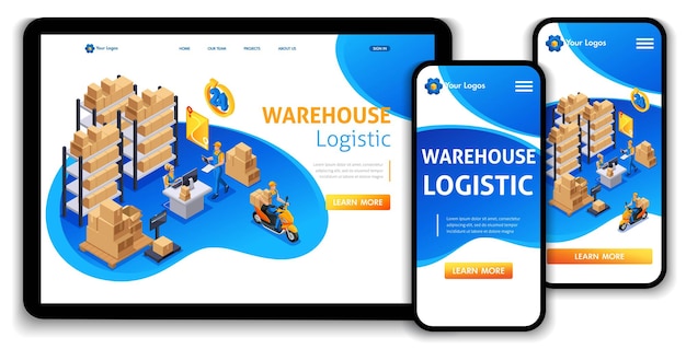 Website Template Landing page Isometric concept customer service, delivery service, Warehouse Logistic, trucking, support 24 7. Easy to edit and customize.