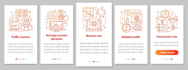 Website traffic onboarding mobile app page screen with linear concepts Sales conversion rate analytics SMM metrics walkthrough steps instructions UX UI GUI vector template with illustrations