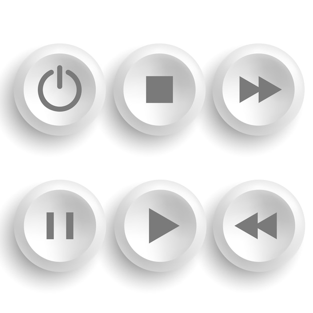 White buttons for player: stop, play, pause, rewind, fast forward, power.  illustration.