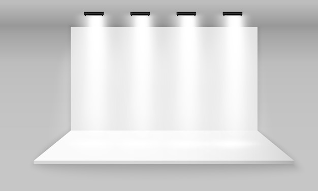 White empty promotional 3D exhibition booth. Scene show Podium for presentations. White empty indoor exhibition stand for presentation with spotlight  on the gray background. illustration.