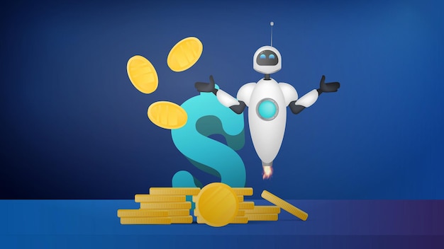 white flying robot and gold coins in the air. dollar sign and a mountain of gold coins. for the topic of saving and returning money. vector