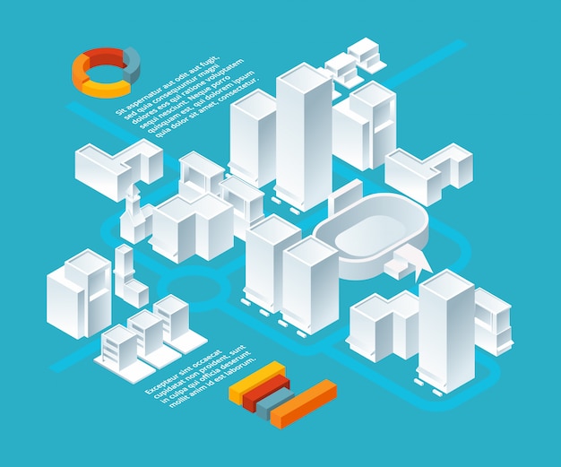 White isometric buildings. Urban 3d landscape with various buildings