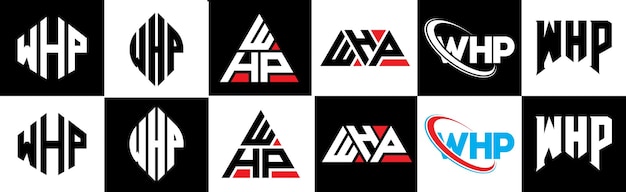WHP letter logo design in six style WHP polygon circle triangle hexagon flat and simple style with black and white color variation letter logo set in one artboard WHP minimalist and classic logo