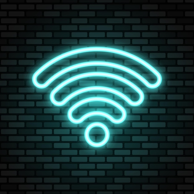 wi-fi neon icon. blue neon sign on dark brick wall.