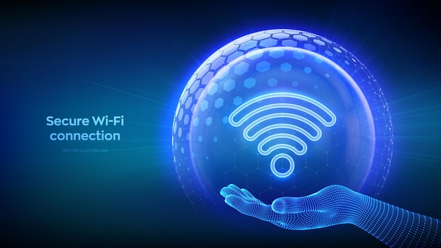 WiFi network icon inside transparent protection sphere shield with hexagon pattern in wireframe hand Secure Wi Fi wireless network connection Cyber Security Wifi Encryption Vector illustration