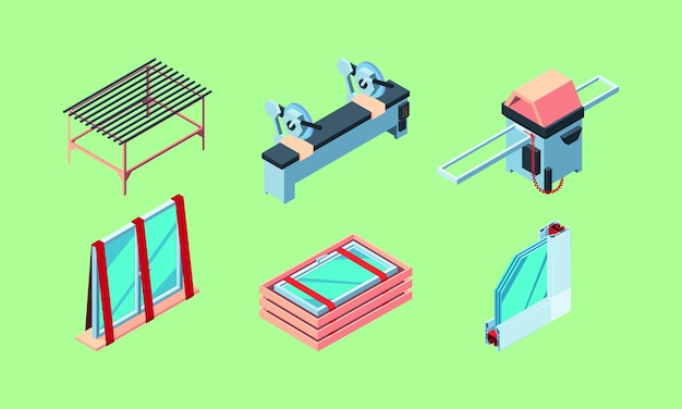 Window installation Isometric worker interior renovation with plastic modern pvc windows fix doors plasterboards garish vector illustrations set collection