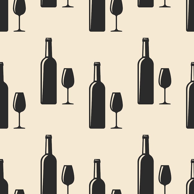 wine bottles and glasses seamless pattern black elements on beige background