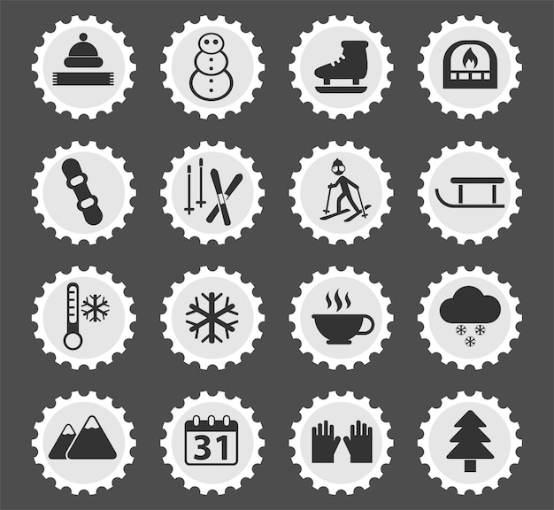 Winter symbols on a round postage stamp stylized icons