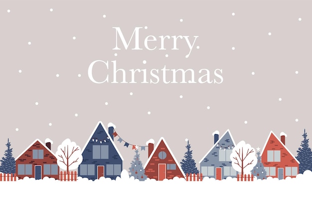 Winter vector greeting card with cute winter village and trees Happy new year