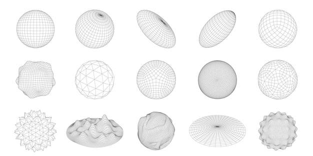 Wireframe 3D circle grid shapes Geometric sphere mesh abstract round figures vector set with editable stroke paths Digital futuristic elements various surfaces and round isolated models