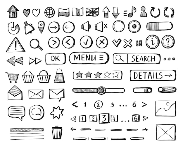 Wireframe buttons sketch Hand drawn web app UI UX interface wireframed elements website user interface mockup icons for web page application Vector isolated set