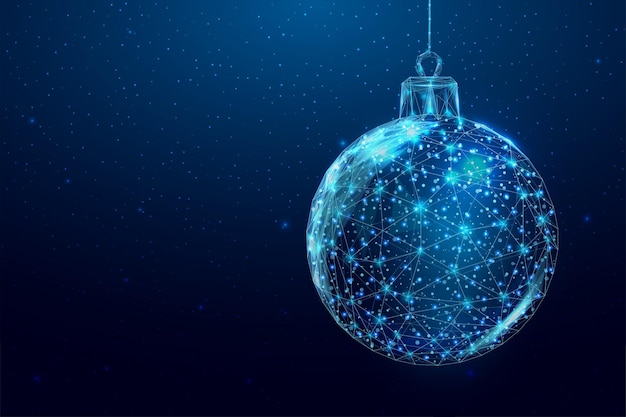 Wireframe Christmas ball, low poly style. Banner for the concept of Christmas or New Year on blue background.