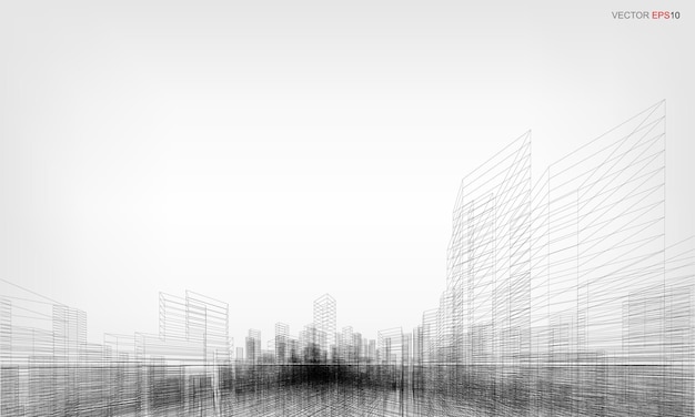 Wireframe city background. Perspective 3D render of building wireframe. Vector illustration.