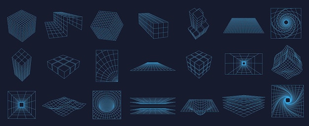 wireframe grid elements 3d mesh structures cyber geometric plane and cube shapes with 80s tech aesthetics vector set with editable stroke paths mesh structure wireframe illustration