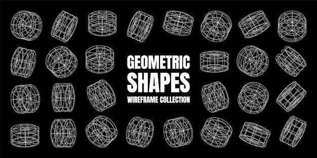 Wireframe lined shapes perspective mesh d grid low poly geometric elements retro futuristic design