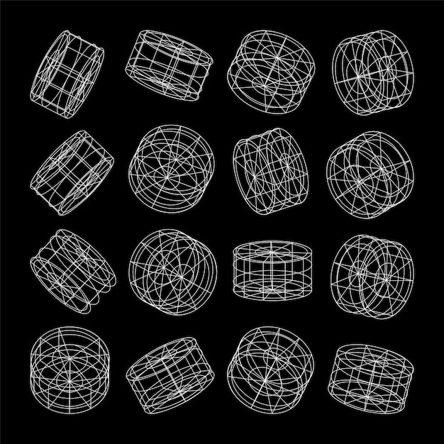 Wireframe lined shapes perspective mesh d grid low poly geometric elements retro futuristic design