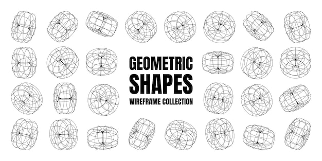 Wireframe lined shapes perspective mesh d grid low poly geometric elements retro futuristic design