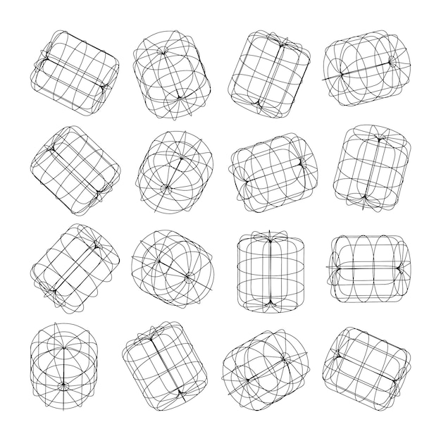 Wireframe lined shapes perspective mesh d grid low poly geometric elements retro futuristic design