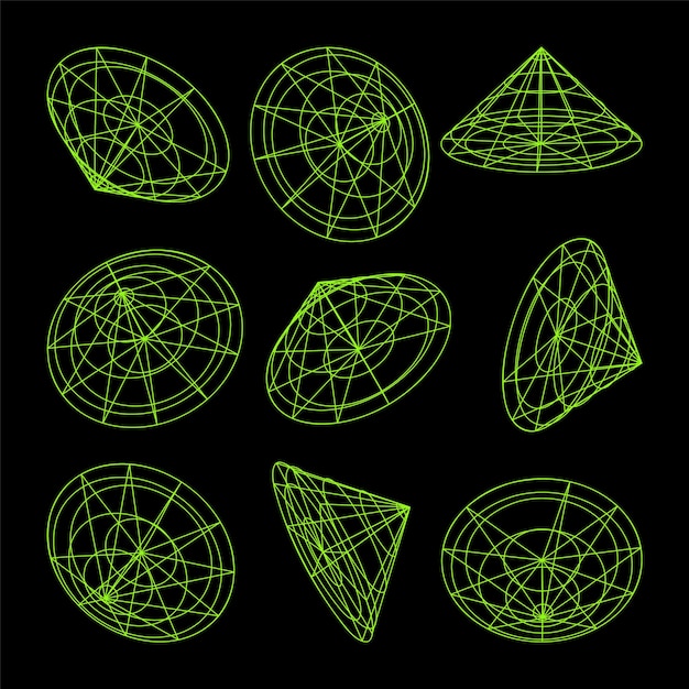 wireframe lined shapes perspective mesh d grid low poly geometric elements retro futuristic design