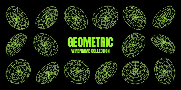 Wireframe lined shapes perspective mesh d grid low poly geometric elements retro futuristic design