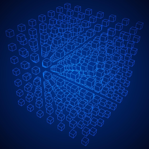 Wireframe Mesh Cube make with many small cubes Connection Structure Digital Data Visualization Concept Vector Illustration