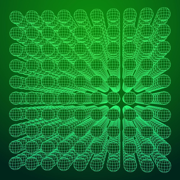 wireframe mesh cube make with many small spheres connection structure digital data visualization