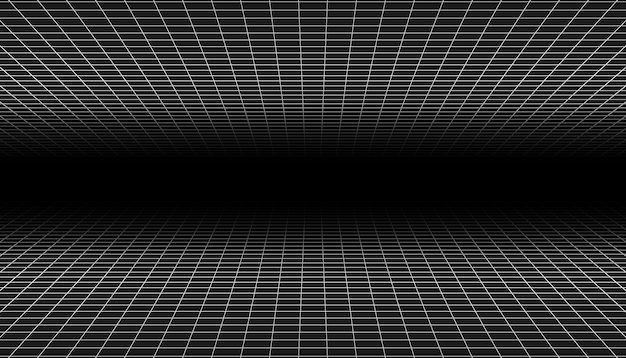 wireframe perspective grid white infinity mesh on black background abstract retro style vector illustration