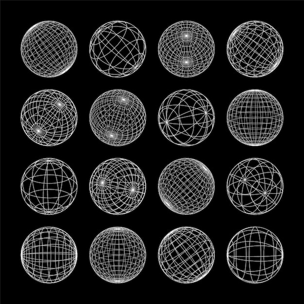 Wireframe shapes lined sphere perspective mesh d grid low poly geometric elements retro futuristic