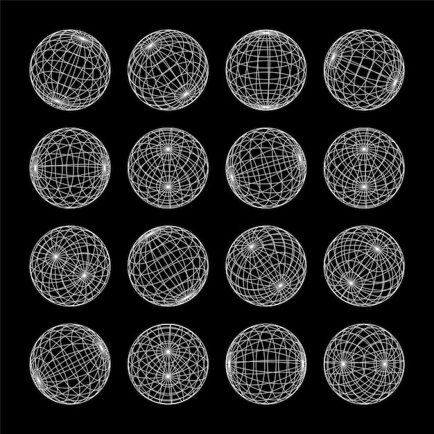 Wireframe shapes lined sphere perspective mesh d grid low poly geometric elements retro futuristic