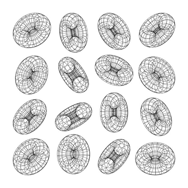 Wireframe shapes lined torus perspective mesh d grid low poly geometric elements retro futuristic