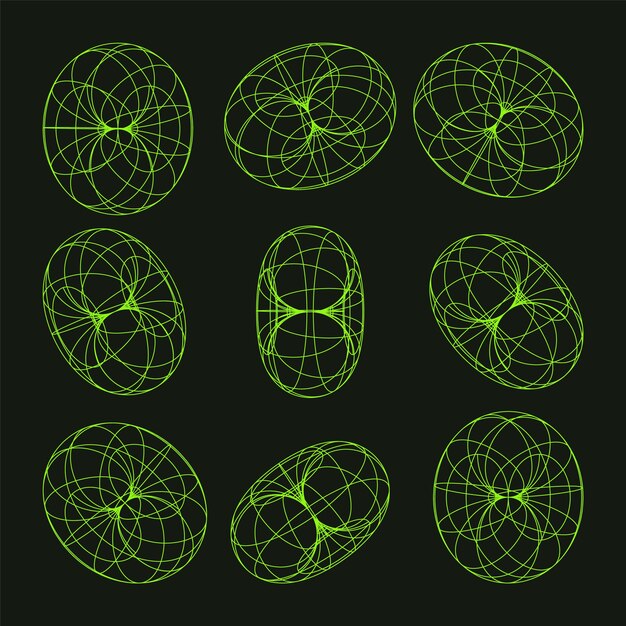 Wireframe shapes lined torus perspective mesh d grid low poly geometric elements retro futuristic