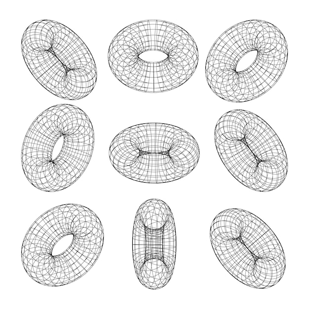 Wireframe shapes lined torus perspective mesh d grid low poly geometric elements retro futuristic