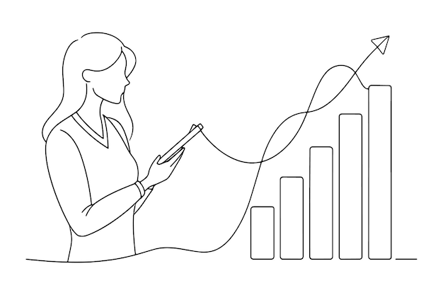 woman analyzing data on tablet with graph displayed line with vector illustration