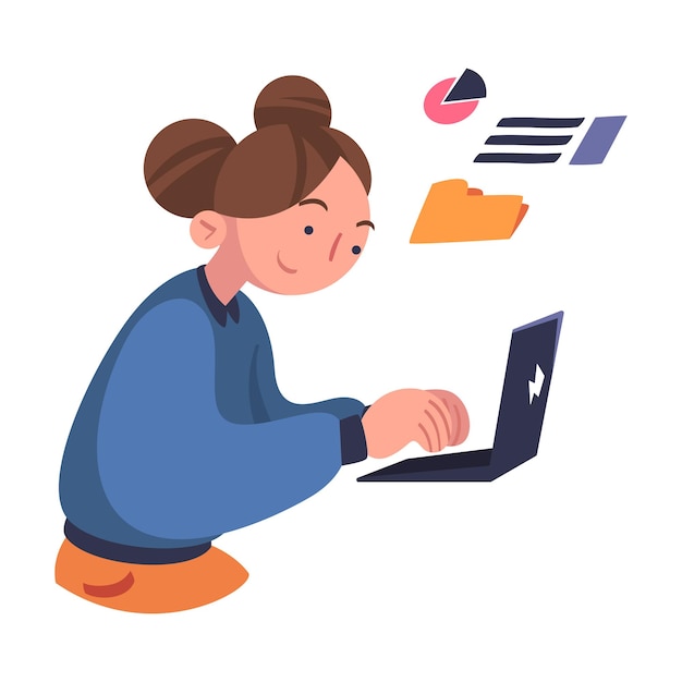 Woman Character with Laptop Working with Information Analyzing Data and Browsing Internet Vector Illustration