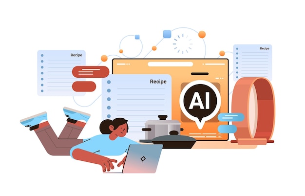 woman culinary influencer making diet food content in computer app with ai helper bot recipe generation concept