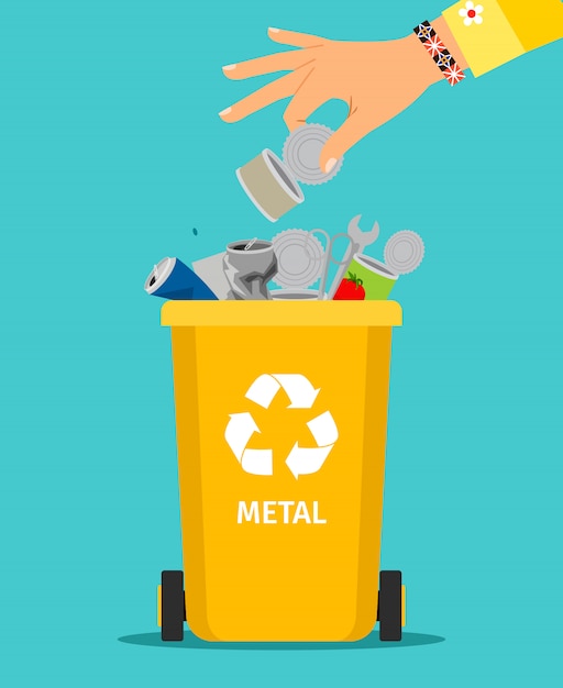 Woman hand throws metal garbage