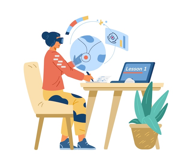 Woman in VR headset learning and making notes
