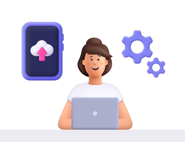 woman Jane cloud transferring data from computer to cloud 3d vector people character Cartoon style