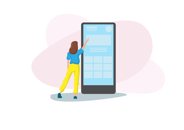 woman looking at smartphone and choosing items to order concept vector illustration for online shopping woman surfing the internet