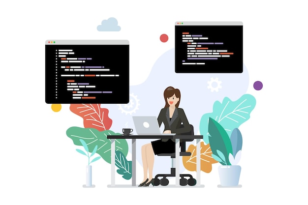 Woman programmer writing code on laptop